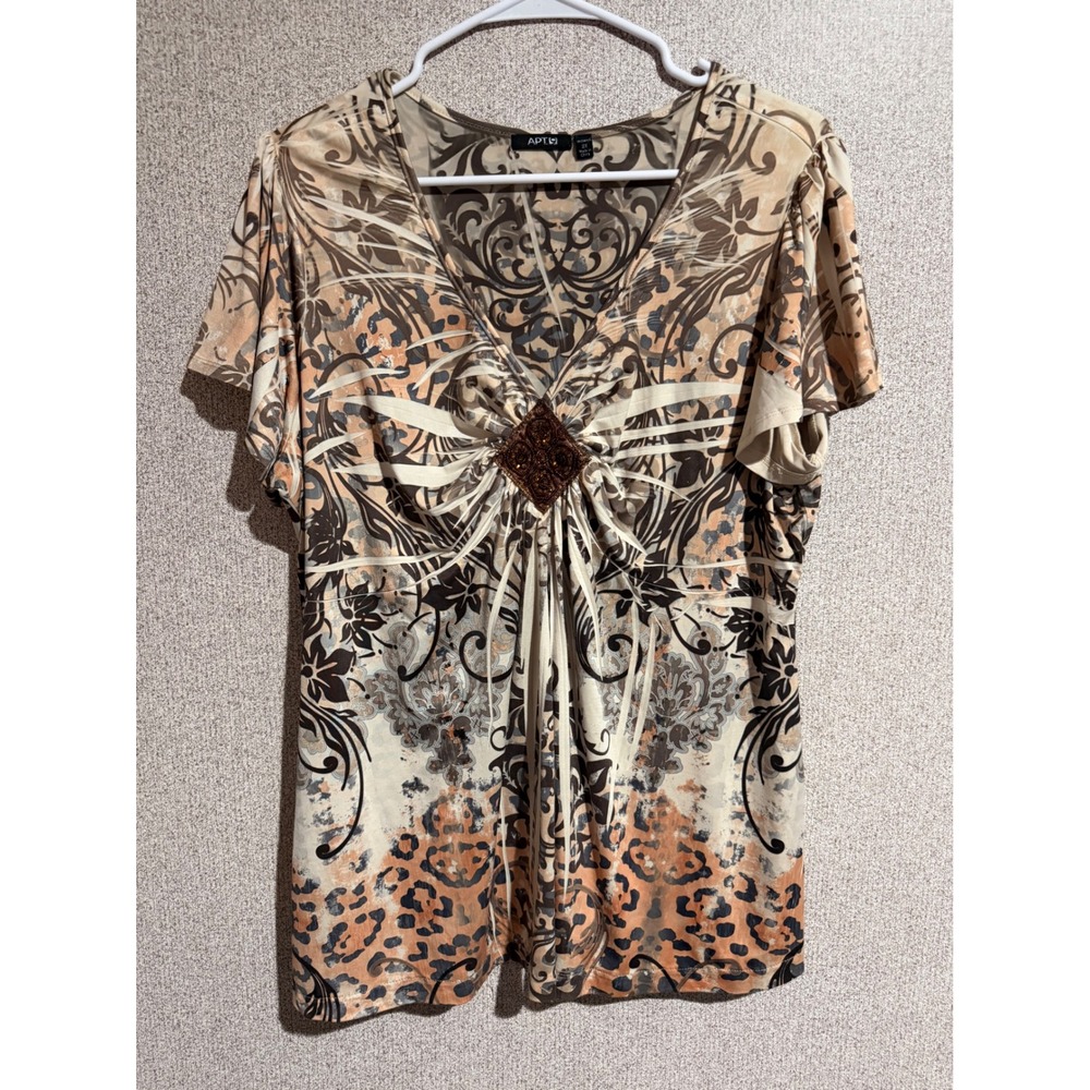 Apt. 9 Womens 2X Brown Tan Leopard Damask Beaded V-Neck Short Sleeve Blouse Top